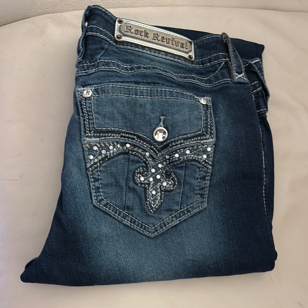 ON HOLD ;  Rock Revival Blue Skinny Jeans with Rhinestone Embellishments